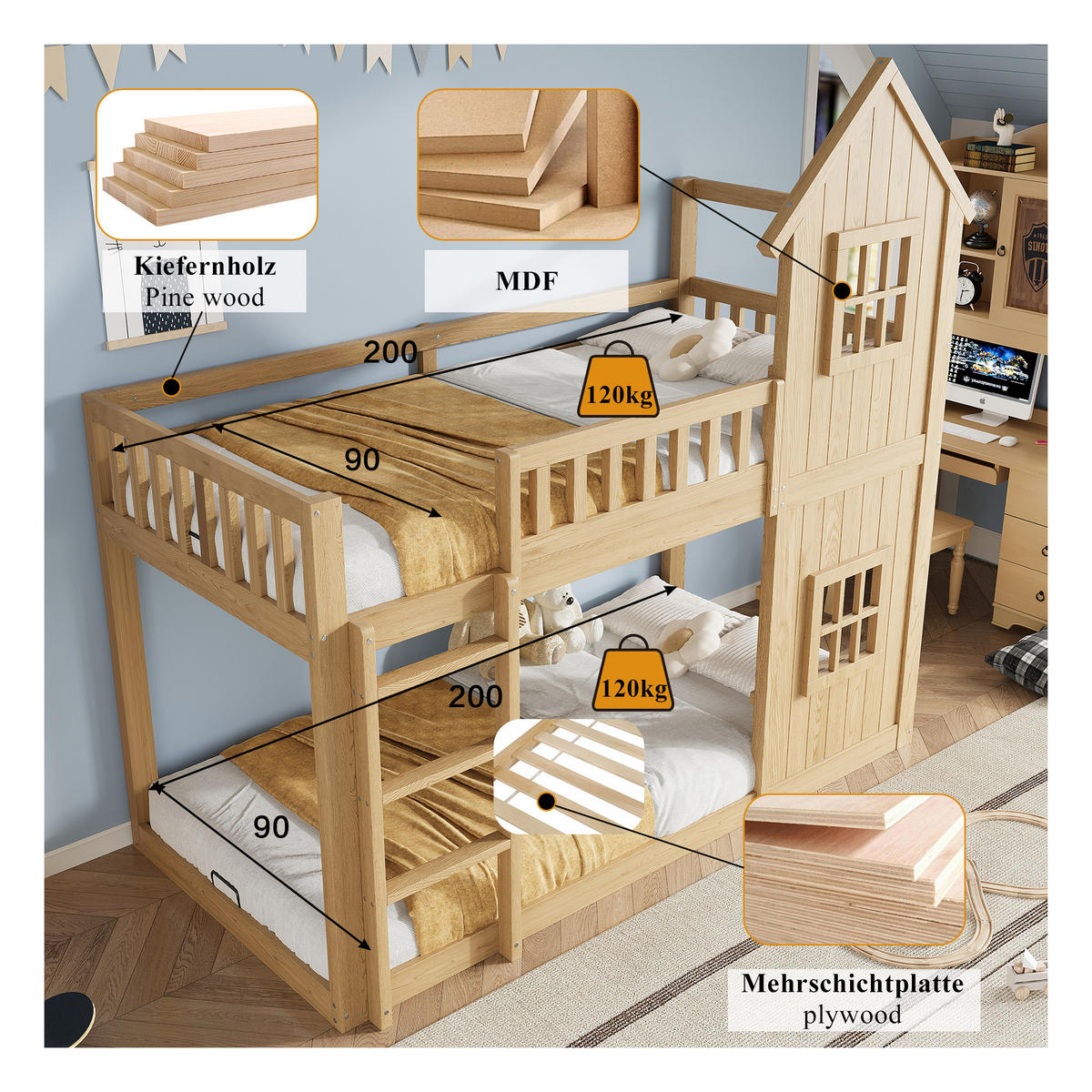 ETAGENBETT 90/200 cm in Natur mit Hausform, Fenstern und Treppe - Naturfarben, Holz/Holzwerkstoff (90/200cm) - WISHDOR