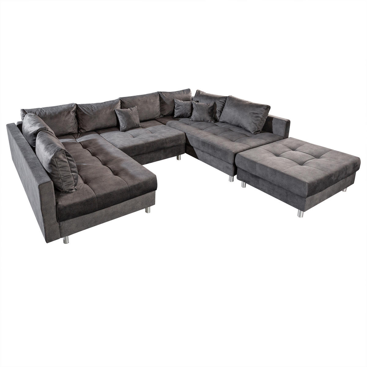 XXL WOHNLANDSCHAFT INKL. HOCKER KENT Samt Grau 305 cm - Silberfarben/Grau, Kunststoff/Textil (305/85/185cm) - riess-ambiente