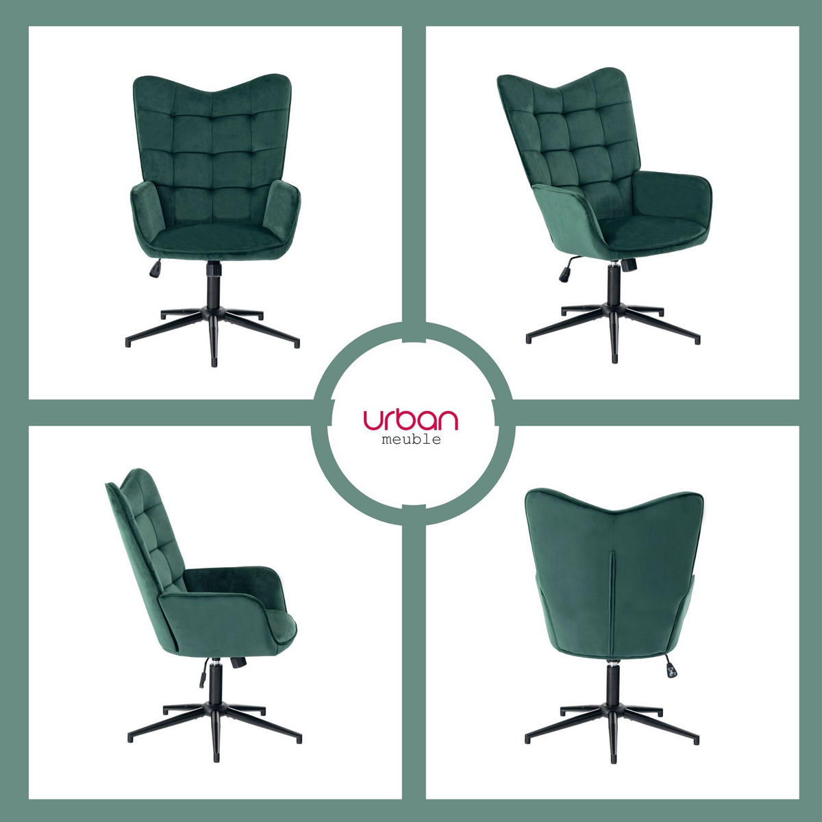 SESSEL höhenverstellbar, Grün Samt - Dunkelgrün/Schwarz, Holz/Textil (70/107/68cm) - Urban Meuble