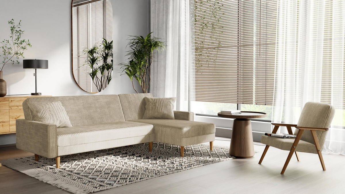 ECKSOFA mit Schlaffunktion L-Form, Beige - Beige, Holzwerkstoff/Textil (256/134cm) - Idohome