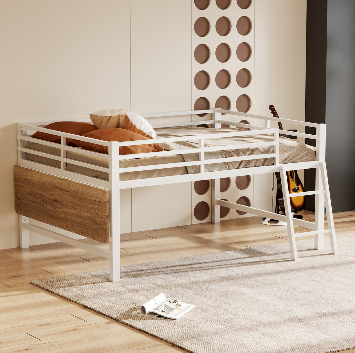HOCHBETT 140/200 cm mit Leiter, Schutzgeländer, klappbarem Schreibtisch und LED-Beleuchtung, Metall, Weiß - Weiß, Metall (140/200cm) - Redom