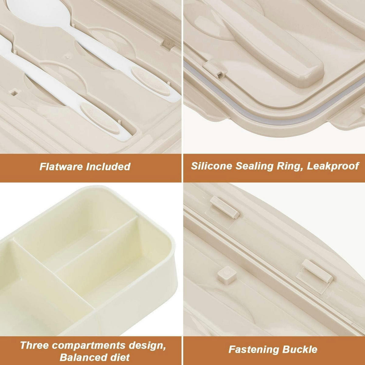 BENTO Box mit 3 Fächern und Besteck, auslaufsicher, mikrowellengeeignet, spülmaschinenfest, Braun - Creme, Kunststoff (14/6.5/21cm)
