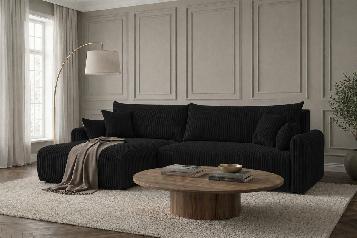 ECKSOFA Mit Schlaffunktion, Cordstoff Tilia, Schwarz, Links, JAPANDI - Schwarz, Holz (262/145cm) - Kaiser Möbel