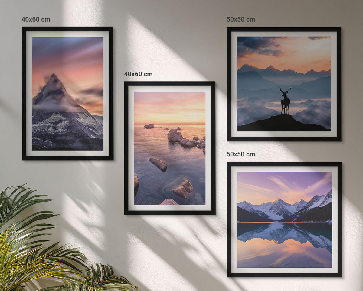 WANDBILDER 4er-Set - 50x50 cm & 40x60 cm Schwarzer Rahmen - Landschaften Berge Seen jelen - Schwarz, Kunststoff (50/50cm) - ArtPrintCave