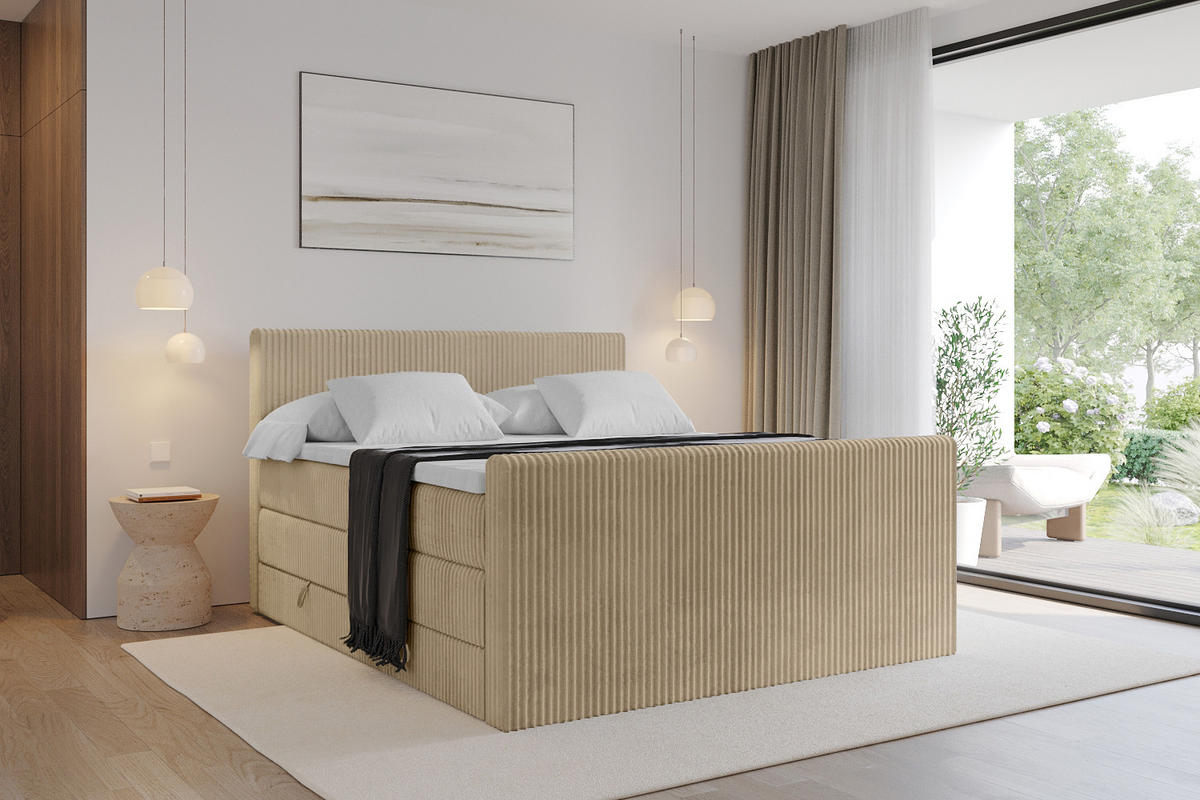 BOXSPRINGBETT mit Matratze H3|H4 und Lattenrost - TOLO-Z KING 140x200 Cord - Beige - Beige, Holzwerkstoff (140/200cm) - ALTDECOR