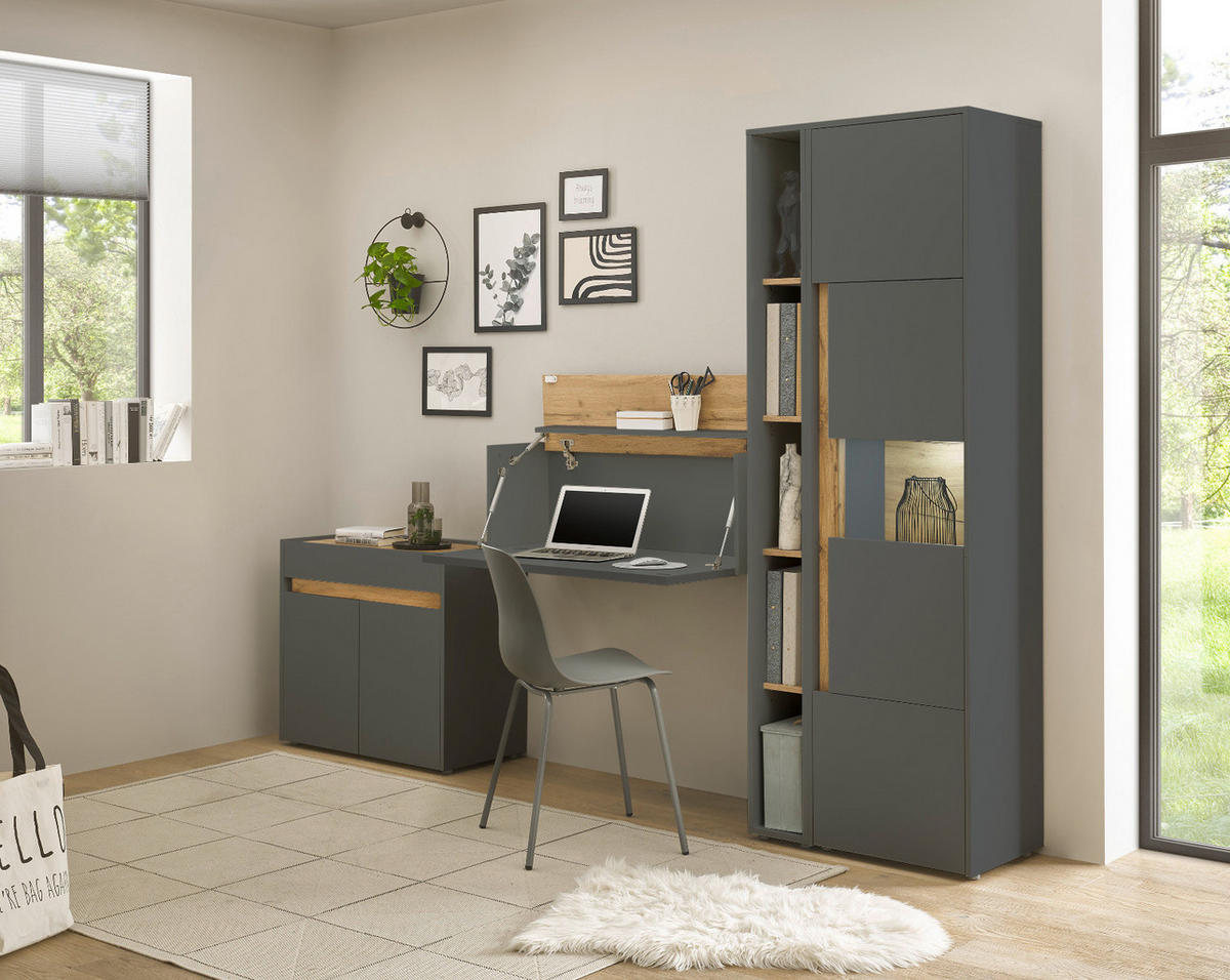 AKTENSCHRANK Set 2-teilig grau matt, Wotan Eiche, Regal-Vitrine-Kombination mit 5 Ordnerhöhen - Eichefarben/Eiche Wotan, Holz/Holzwerkstoff (70/200/40cm) - Furn.Design