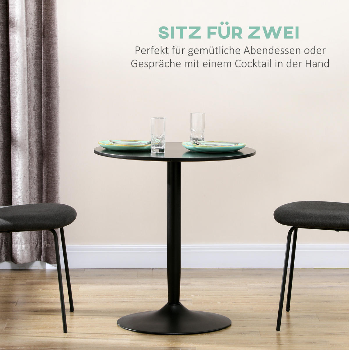 ESSTISCH aus Stahl und MDF 70x70x75 cm Schwarz für kleine Räume mit runder Tischplatte und rutschfestem Standfuß - Schwarz, Metall (70/70/75cm) - Modfu