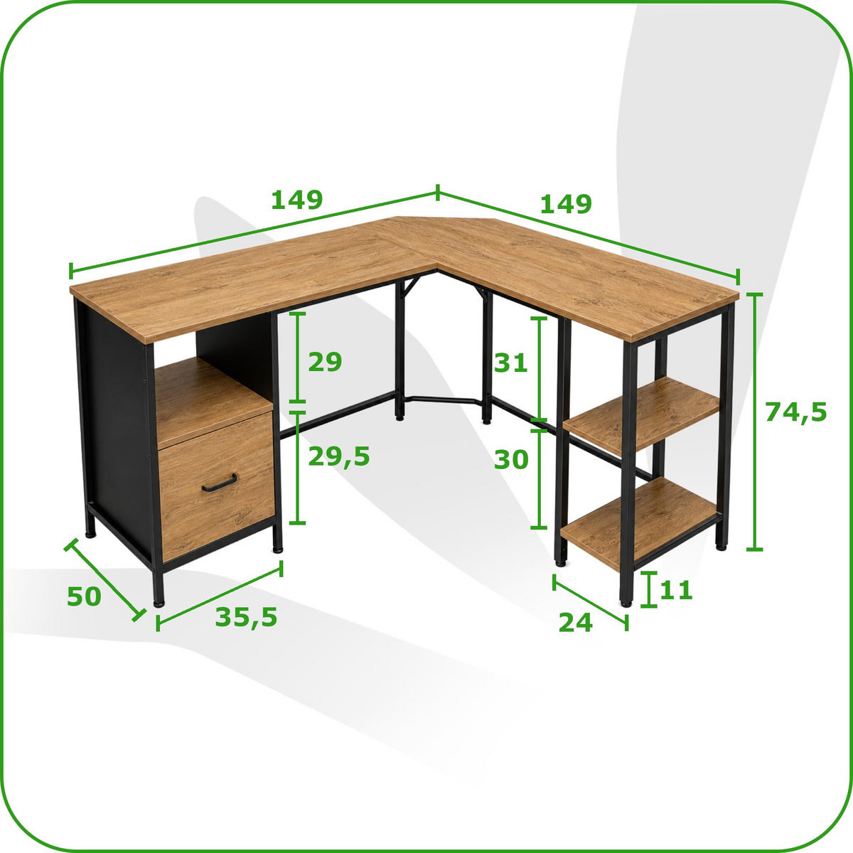 ECKSCHREIBTISCH MDF Metall Erle Dunkelbraun mit Schublade und Regalfächern 149x149x74.5 cm - Erlefarben, Holzwerkstoff/Metall (149/149/75cm) - Begryf