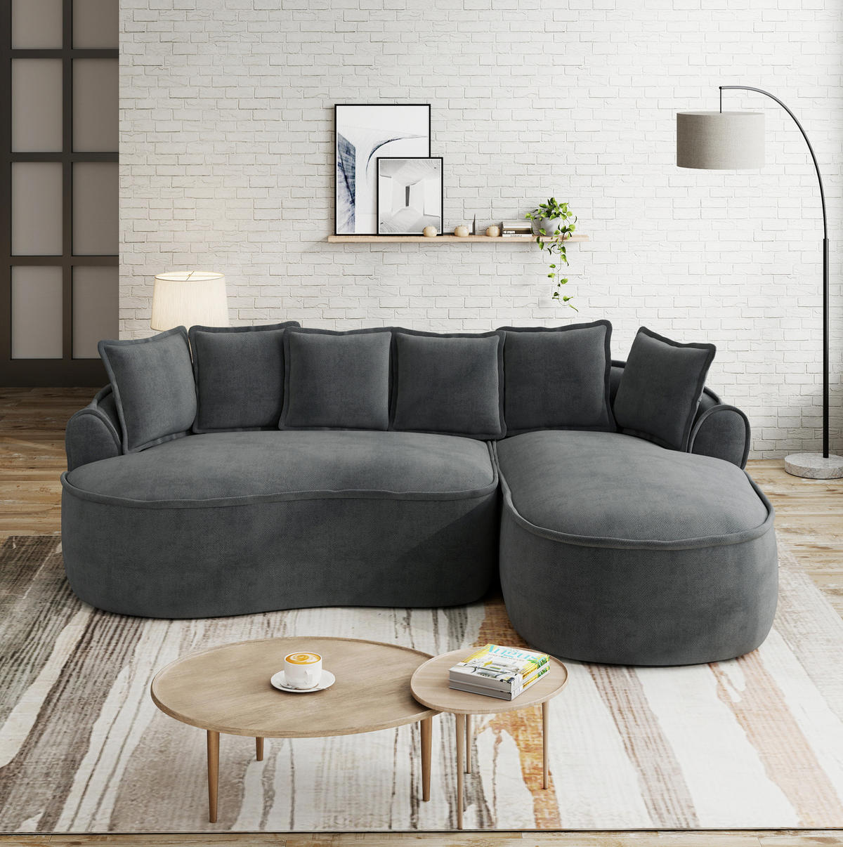 ECKSOFA 252/164/67 cm modular 122 cm grau aus Chenille mit Chaiselongue und Kissen - Grau, Textil (164/252cm) - OKWISH