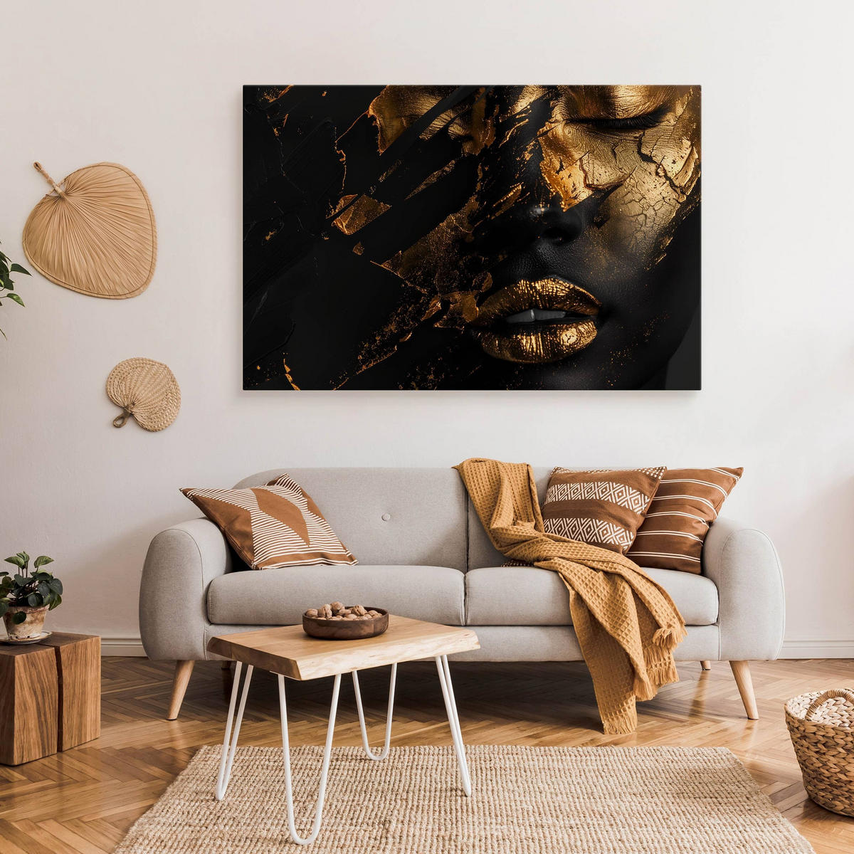 LEINWANDBILD für Wohnzimmer abstraktes Porträt Frau Glamour 90cm x 60cm - Beige/Schwarz, Textil (90/60cm) - Muralo