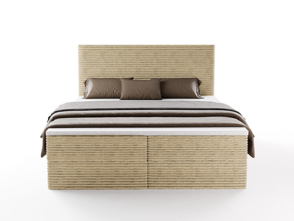 BOXBETT RAVENO mit Bettkasten 200x200 cm inkl. Bonell-Federkernmatratze H3 und Topper – Polsterbett Stoff ASTI Taupe - Taupe, Textil (200/200cm) - Luxkor24