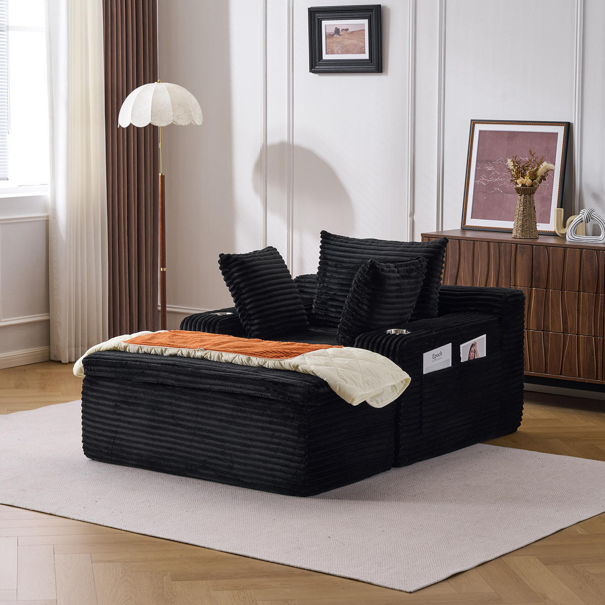 KLAPPSOFA mit 2-in-1-Funktionskissen, Cordstoff - Schwarz - Schwarz, Textil (113/63/164cm) - KOMHTOM