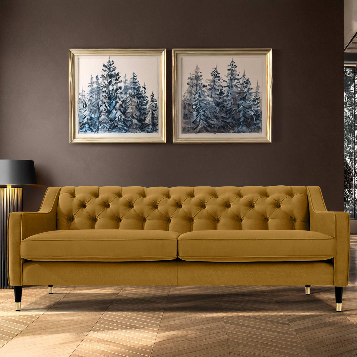 3-SITZER-SOFA NOMUS Velours, gesteppt, Gelb - Wengefarben/Gelb, Holz/Holzwerkstoff (192/78/80cm) - KONSIMO®