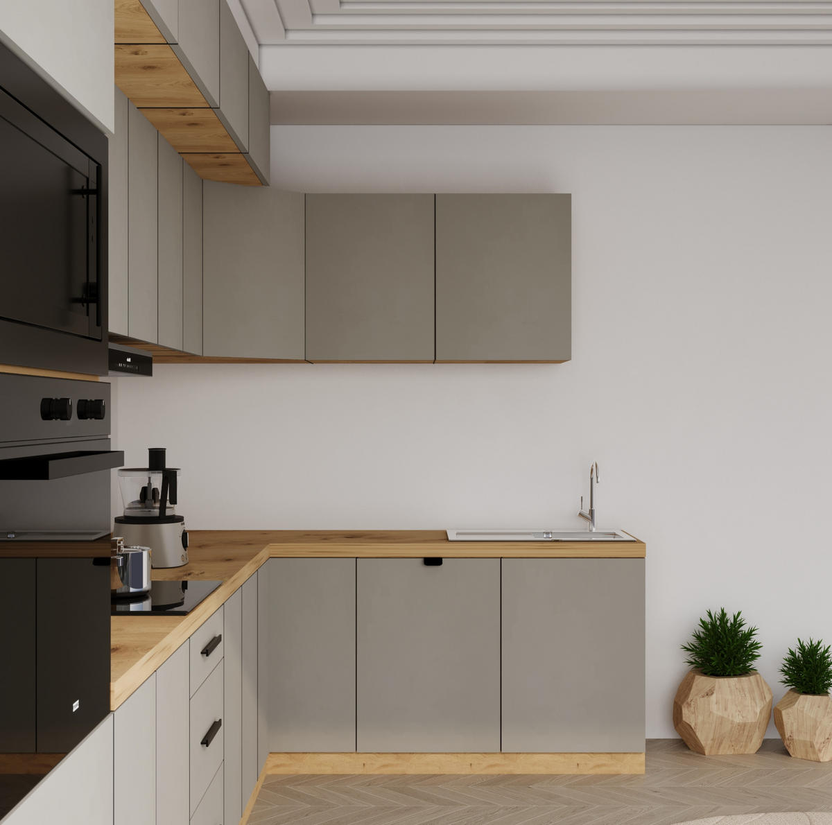 WINKELKÜCHE 360cm x 200cm- Langen KL10-M360 - in Beige/Matt - Beige, Holz/Metall (560/248/58cm)