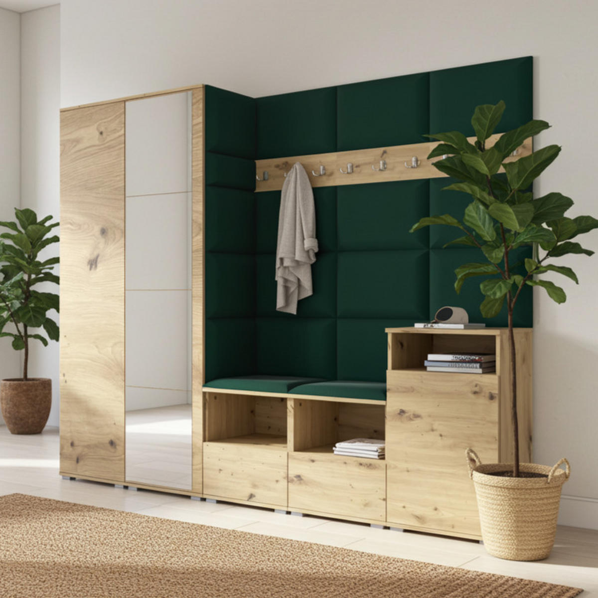 GARDEROBE NELA VIII 250 cm (Modulare Flurmöbel Artisan Eiche mit Spiegel & Sitzpolster Flaschengrün 28 Set XL) - Dunkelgrün/Silberfarben, Holz/Holzwerkstoff (250/187/40cm) - Ravio