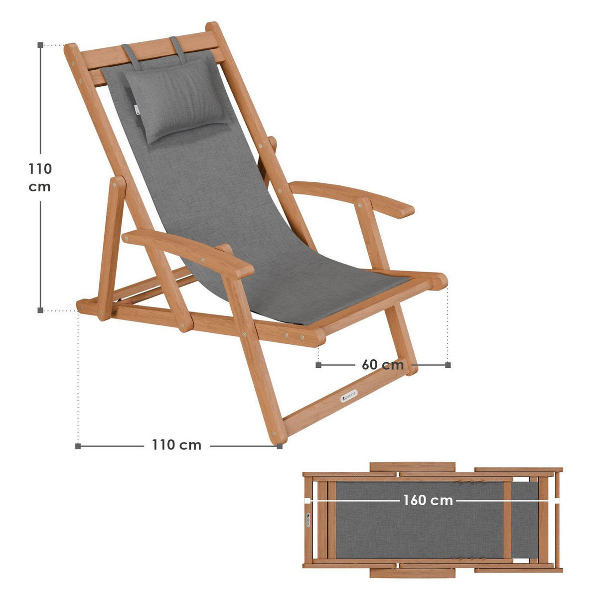 SONNENLIEGE Tavira Akazie dunkelgrau klappbar - Dunkelgrau, Holz (60/110/110cm) - Juskys