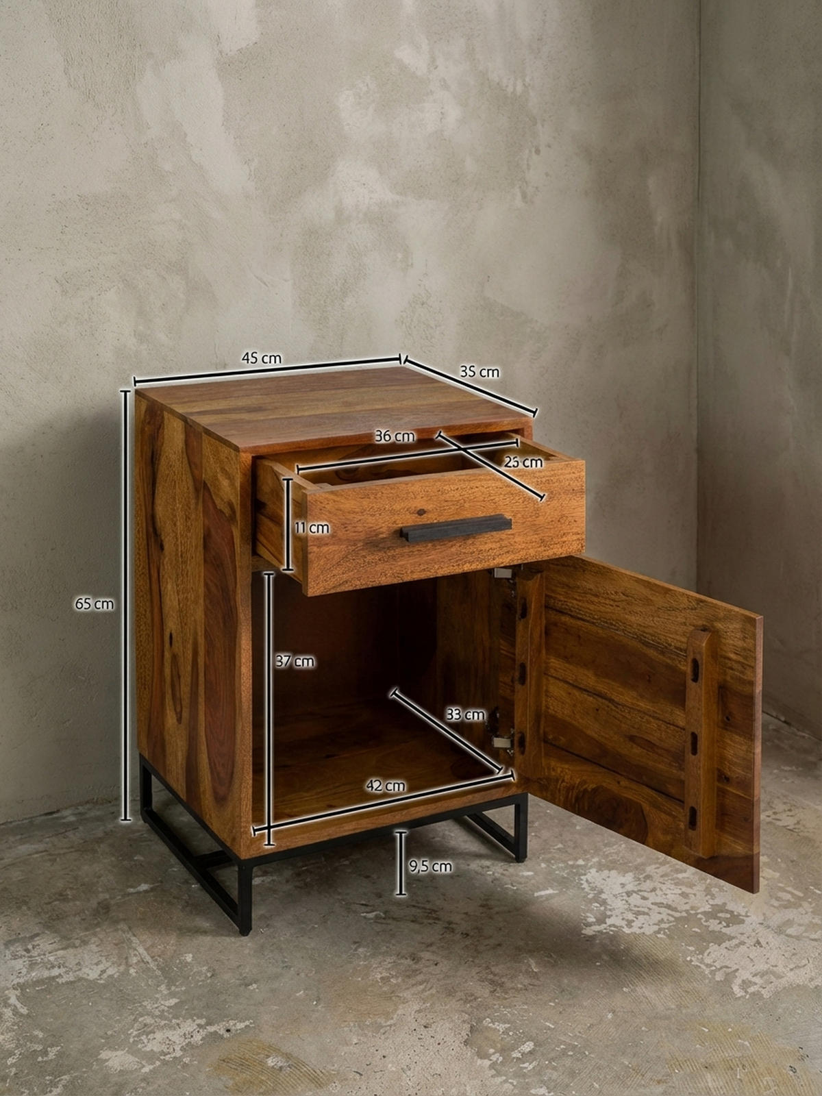 NACHTTISCH – Massivholz/Eisen, Schublade & Tür, Industrial-Stil - Schwarz/Braun, Holz/Metall (45/65/35cm) - KADIMA DESIGN