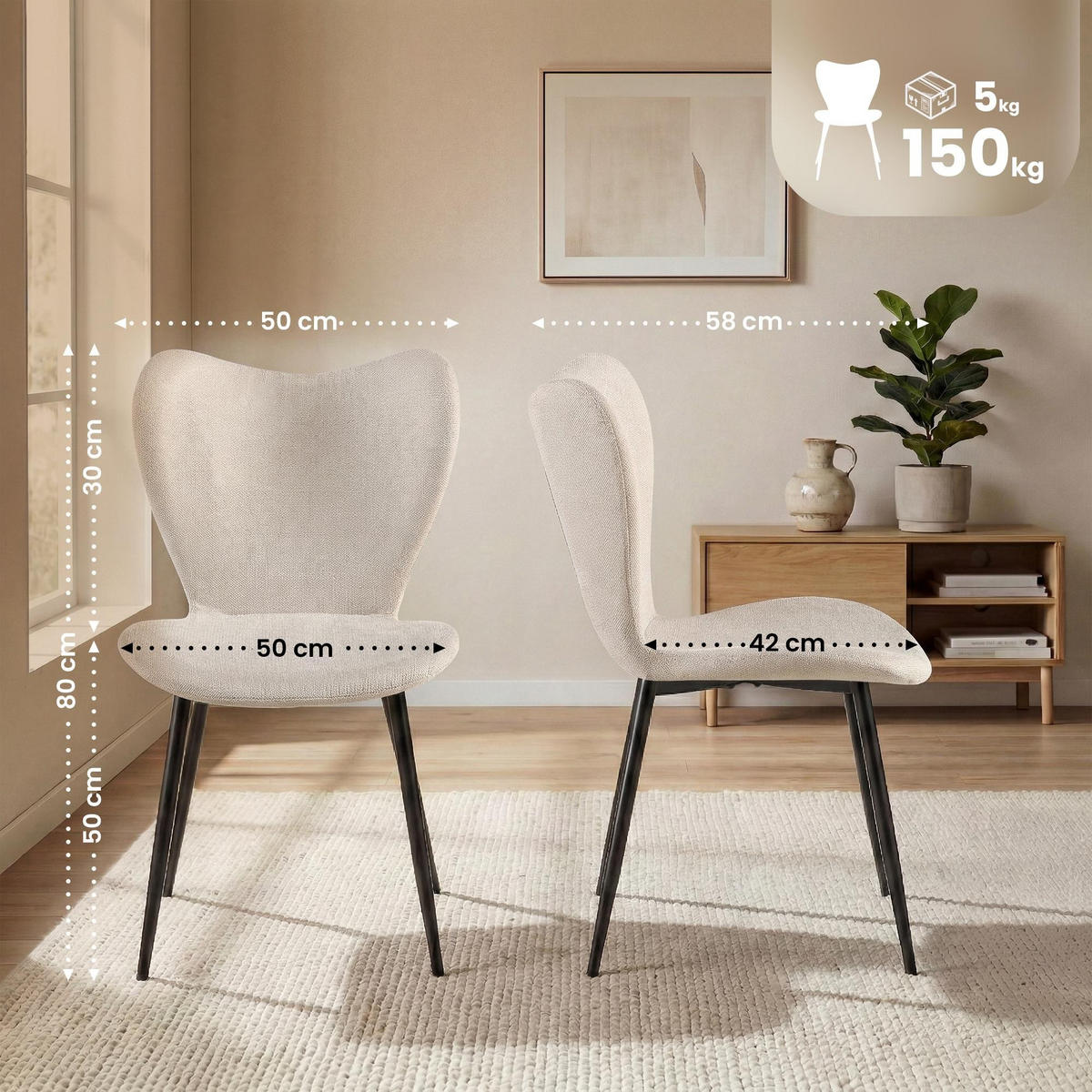 ESSZIMMERSTÜHLE Maika 2er Set 80x50x58 cm creme - Creme, Textil (50/80/58cm) - furnicato