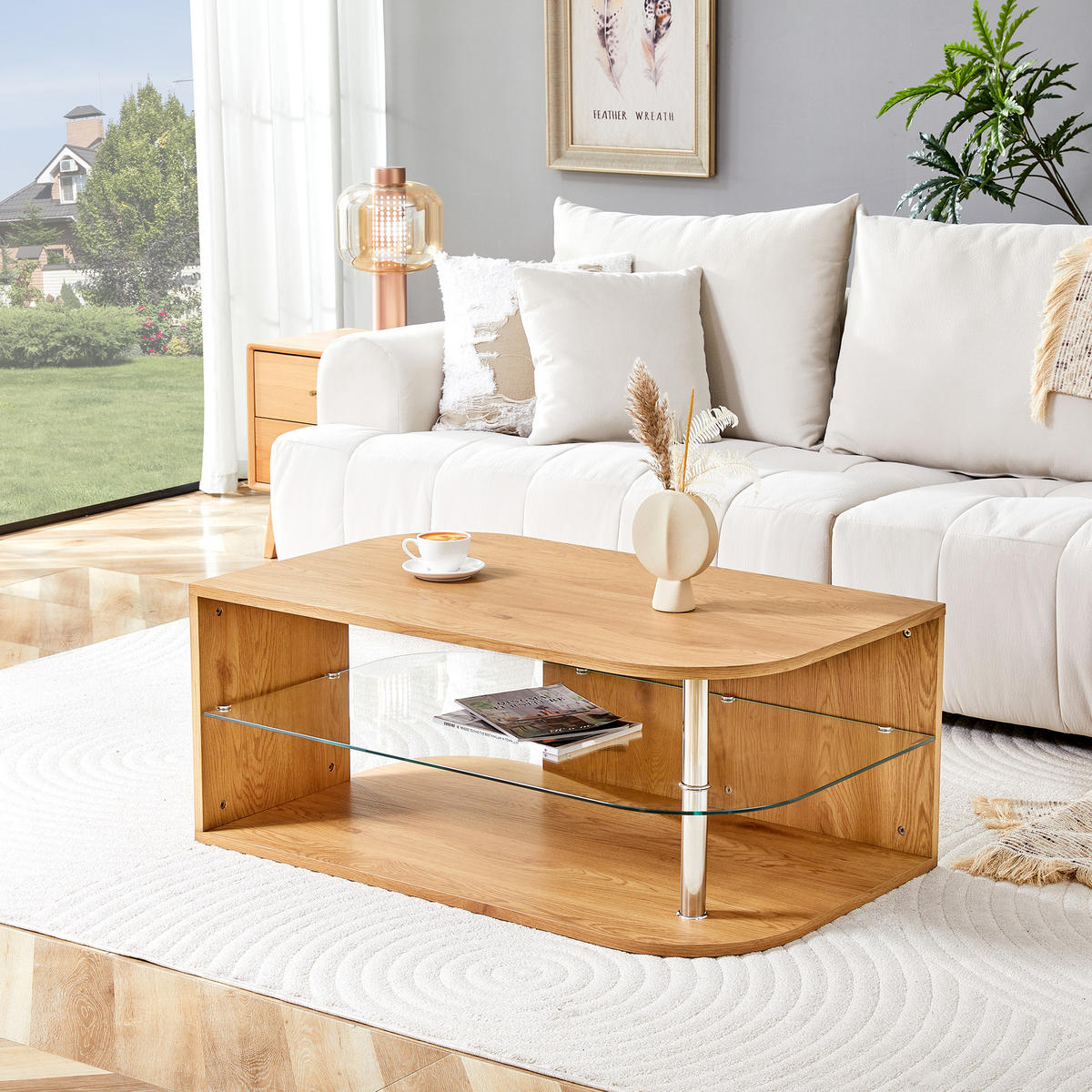 COUCHTISCH mit Stauraum Natur/Transparent Holz und Glasablage 100/60/42 cm - Transparent/Naturfarben, Glas/Holzwerkstoff (100/60/42cm)