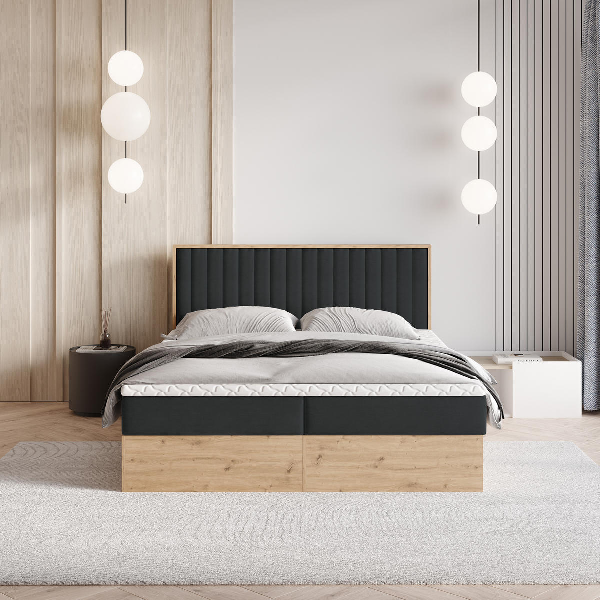 BOXBETT VARELI 160x200 cm mit Matratze und Topper - Schwarz - Schwarz, Holz (160/200cm) - MASSENO