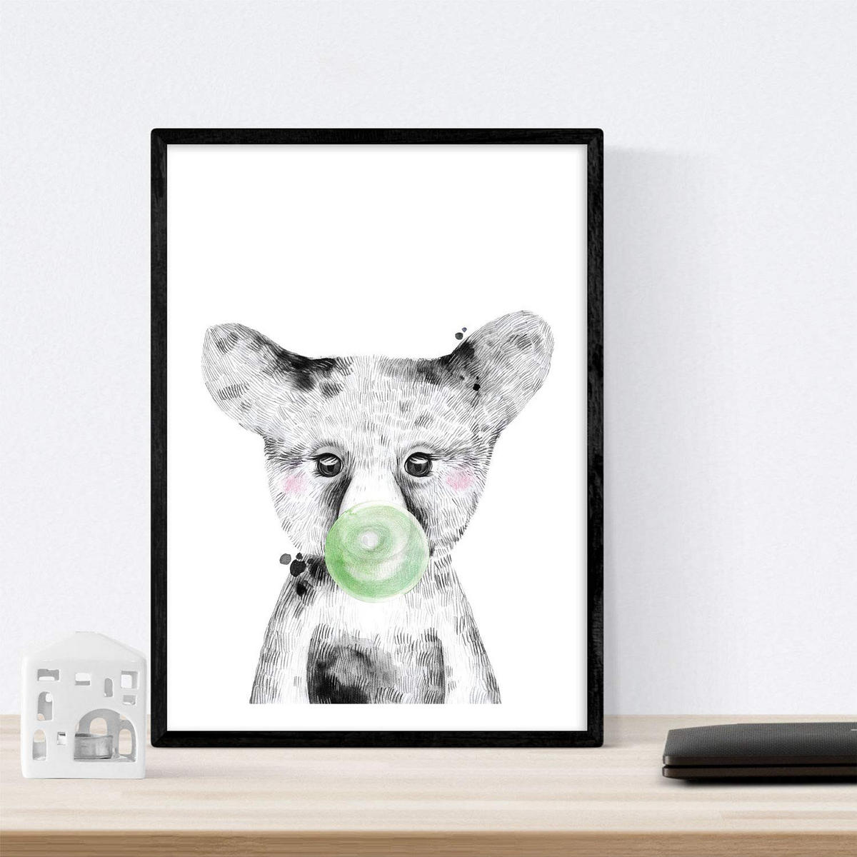 POSTER Set Mit 6 Tiere Babys Mit Kaugummi Girafa Schweinefleisch Kuh Zorro Bär Flamme A4 Schwarzer Rahmen - Schwarz, Papier (29/3cm) - Nacnic