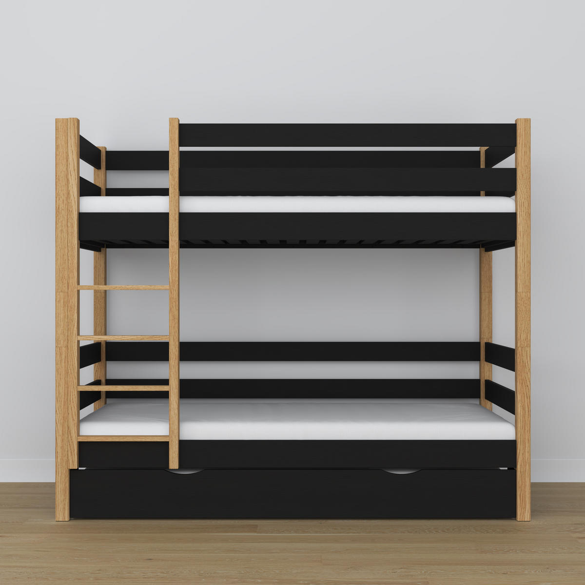 ETAGENBETT N01 mit Matratzenschublade Schwarz / Eiche Natur 120/180 - Schwarz/Eiche Artisan, Naturmaterialien/Holz (120/180cm) - N-Wood