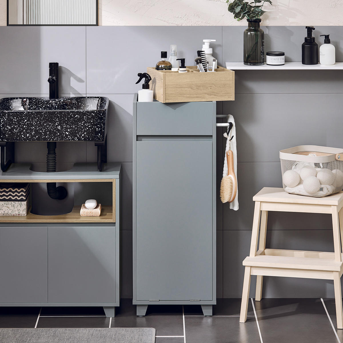 WÄSCHESCHRANK Dunkelgrau - Grau, Holzwerkstoff (35/90/30cm) - SoBuy