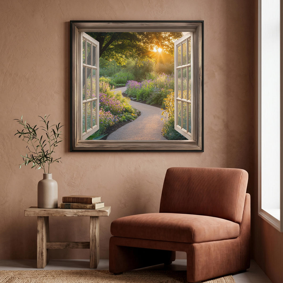 LEINWAND Bilder mit Rahmen - Aussicht - Blumen - Natur - Sonne - Weg - 90x90 - Hellgelb, Textil (90/90cm) - MuchoWow
