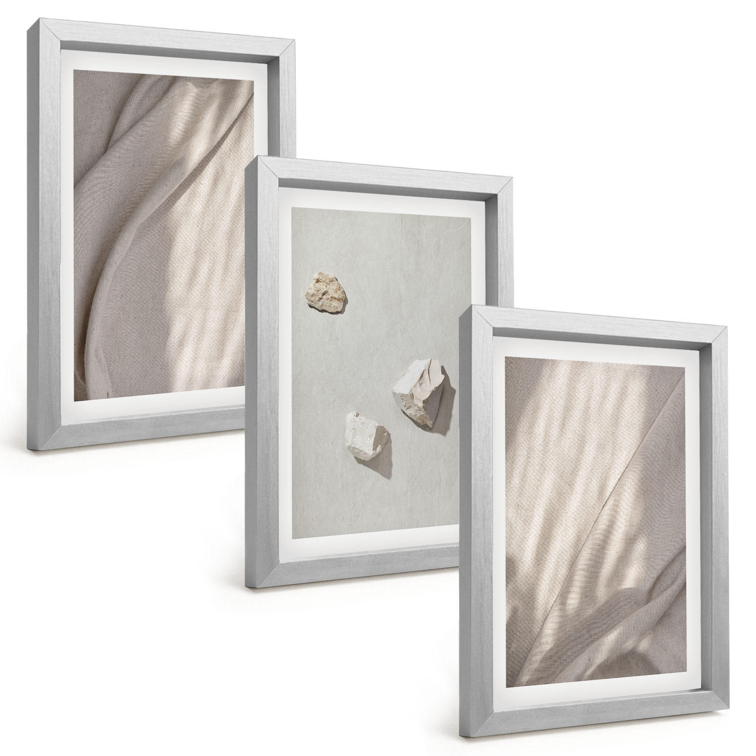 BILDER SET 3er Set - 20x30 cm Silberner Rahmen - Nahaufnahmen der Struktur im Boho-Stil - Silberfarben, Kunststoff (20/30cm) - TULUP
