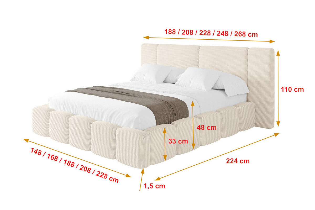 POLSTERBETT mit Bettkasten und Lattenrost, Bett mit Matratze H3/H4 - NILO 140x200 Beige - Creme, Holzwerkstoff/Textil (140/200cm) - ALTDECOR