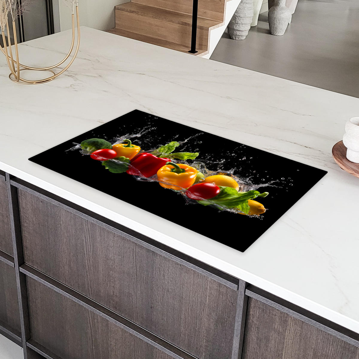 HERDABDECKPLATTE Paprika - Wasser - Gemüse - Schwarz 90x52 cm - Multicolor, Kunststoff (90/52/0.2cm) - MuchoWow