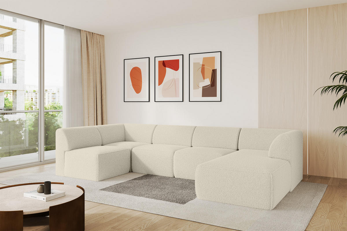 WOHNLANDSCHAFT Ottomane Rechts MOVO-L 345x180x78 cm Beige Bouclé - Hellbraun, Holzwerkstoff/Kunststoff (180/78/345cm) - ALTDECOR