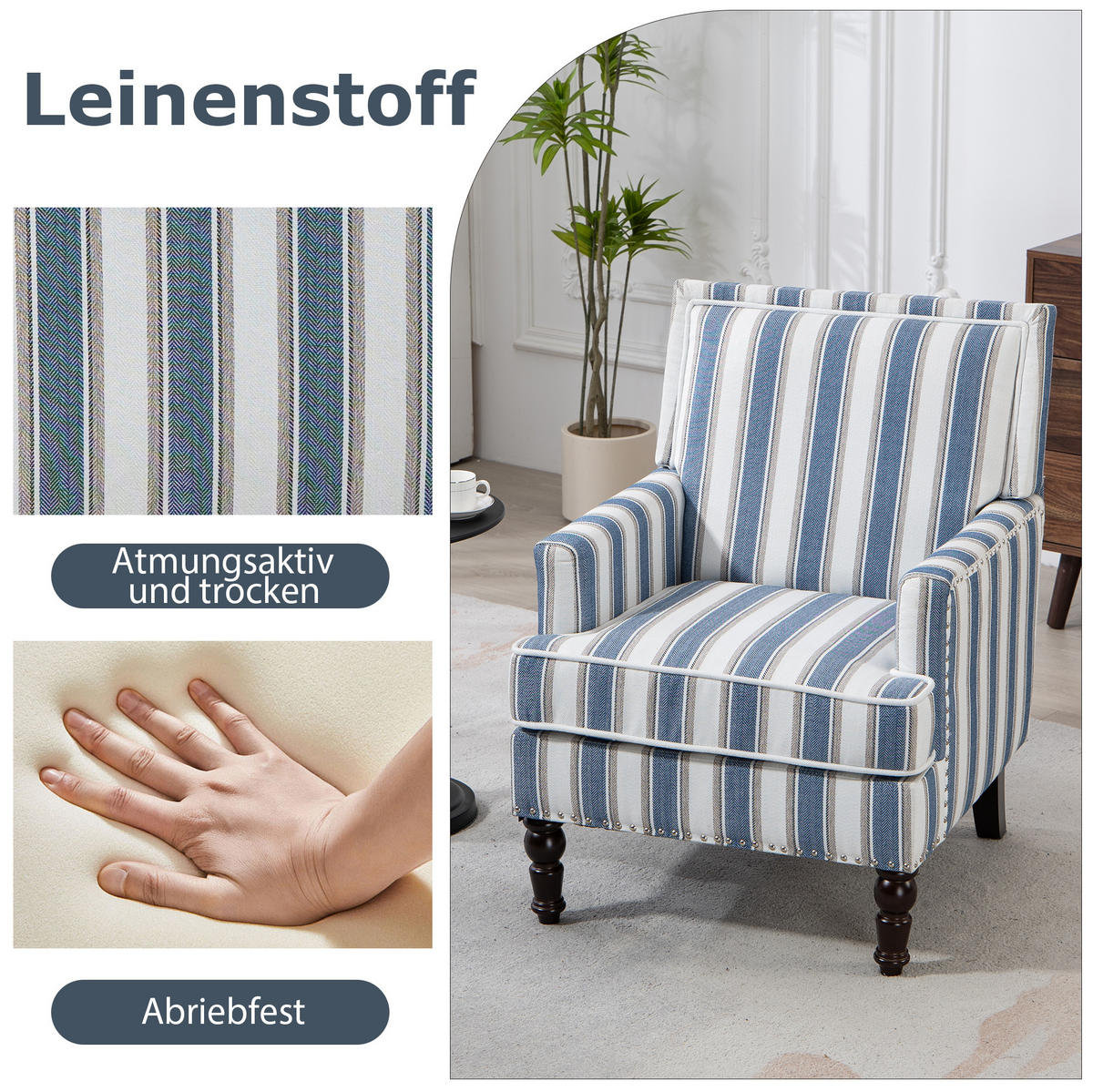 SESSEL in Blau-Weiß gestreift aus Baumwoll-Leinen mit Holzgestell,69/69/89 cm - Blau, Textil (69/89/69cm) - BEAOK