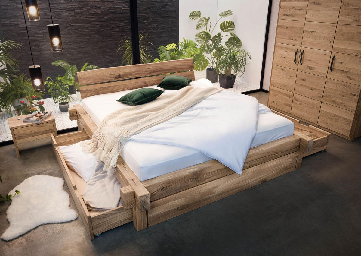 BETT mit Schublade Massivholz Wildeiche 180 x 200 x 85 beige BALKENMÖBEL #201 - Beige, Holz (180/200cm) - Massivmoebel24