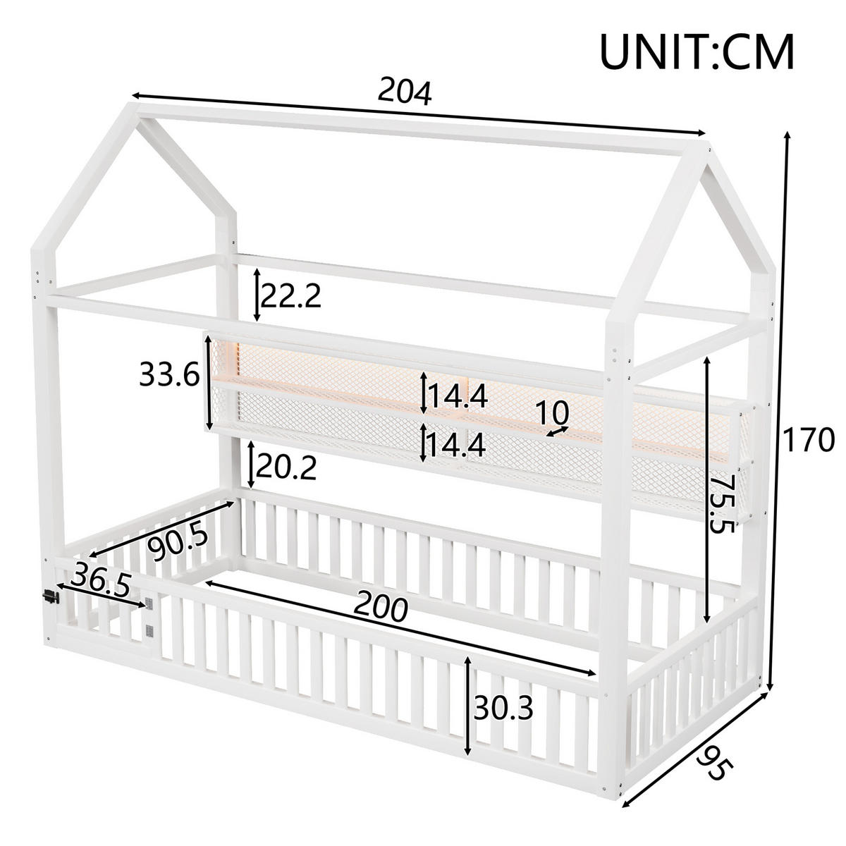 KINDERBETT aus Metall 90x200 cm Weiß mit Sicherheitszaun, LED-Beleuchtung und hausförmigem Dach - Weiß, Metall (90/200cm) - Modfu