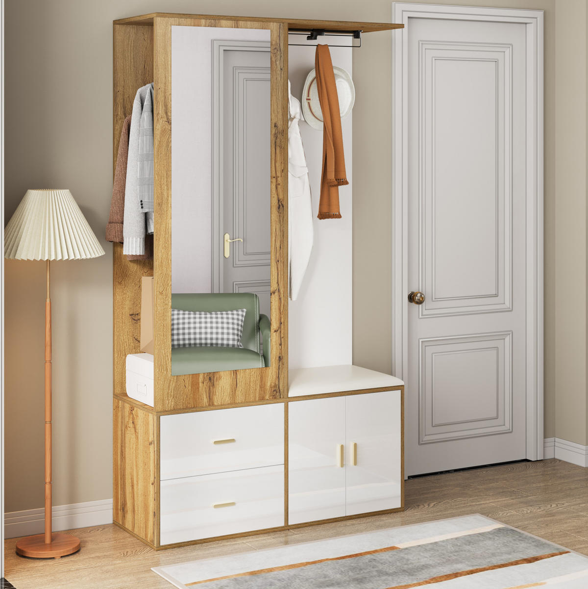 SCHUHSCHRANK aus Spanplatte 100x38x180cm in Weiß & Natur mit Spiegel - Naturfarben, Holzwerkstoff (100/180/38cm) - Modfu