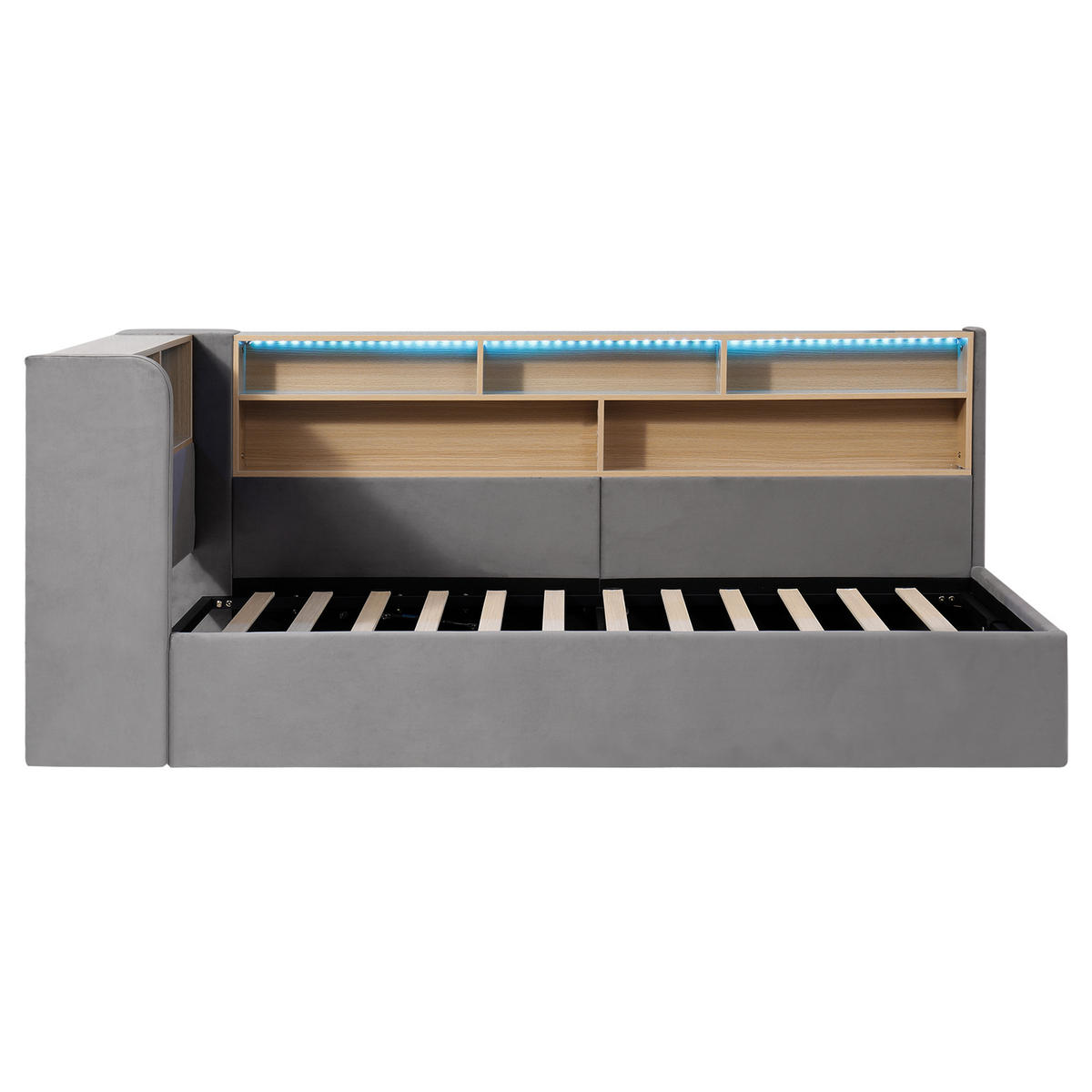 POLSTERBETT 90/200 cm in Grau Samt mit Bettkasten, LED, USB und Regal - Grau, Holzwerkstoff/Textil (90/200cm) - CHICFURN