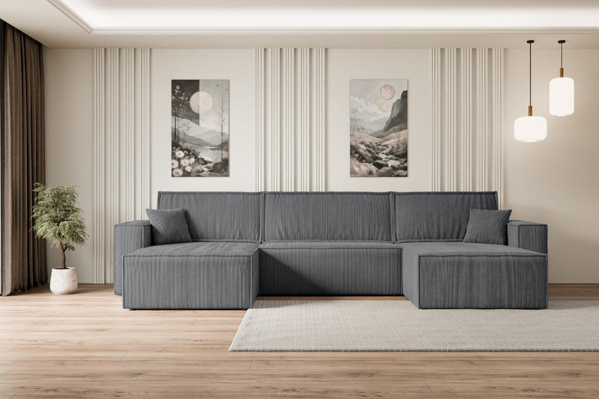 WOHNLANDSCHAFT mit Schlaffunktion und Bettkasten CELTIC-XLU - 377x143x83 cm Dunkelgrau Cord - Dunkelgrau/Schwarz, Holzwerkstoff/Kunststoff (377/83/143cm) - ALTDECOR