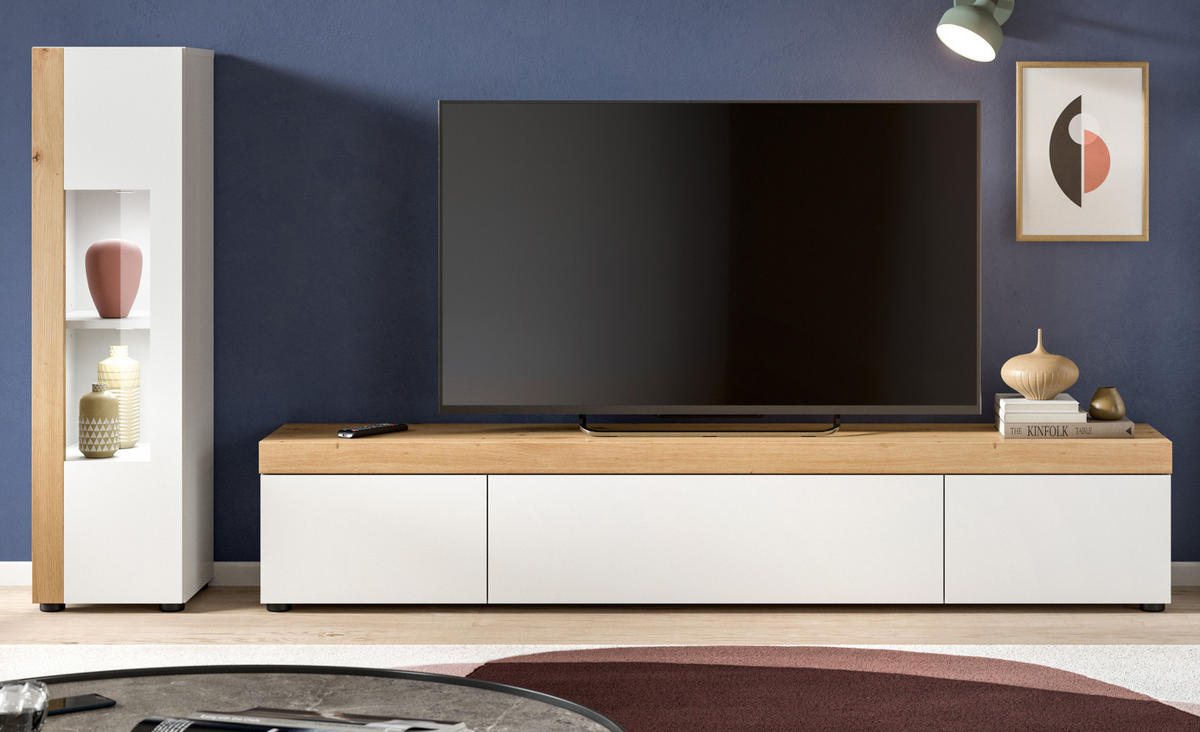 WOHNWAND 2-teilig weiß und Eiche 225 cm, Schrankwand stehend/hängend - Schwarz/Weiß, Glas/Holzwerkstoff (225/157/33cm) - Inn.Furn