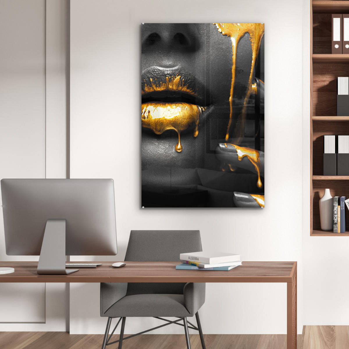 ACRYLGLASBILD Frau - Schwarz - Gold - Gesicht - Lippen 60x90 cm - Goldfarben, Glas (60/90cm) - MuchoWow