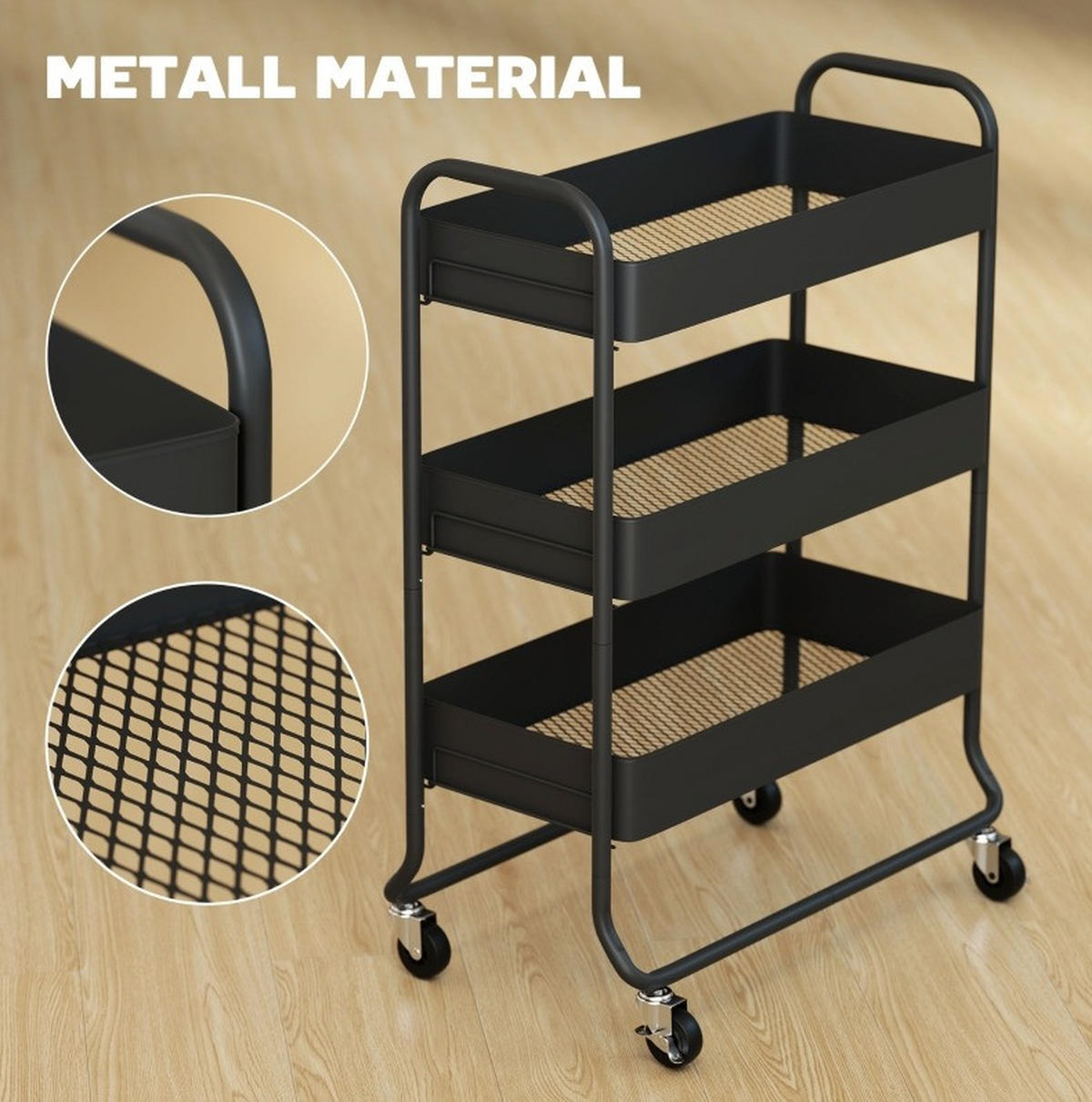 SERVIERWAGEN 64,5/34/87 cm in Schwarz aus Metall mit 3 Körben und 4 Rollen - Schwarz, Metall (64.5/87/34cm) - Flora Grace