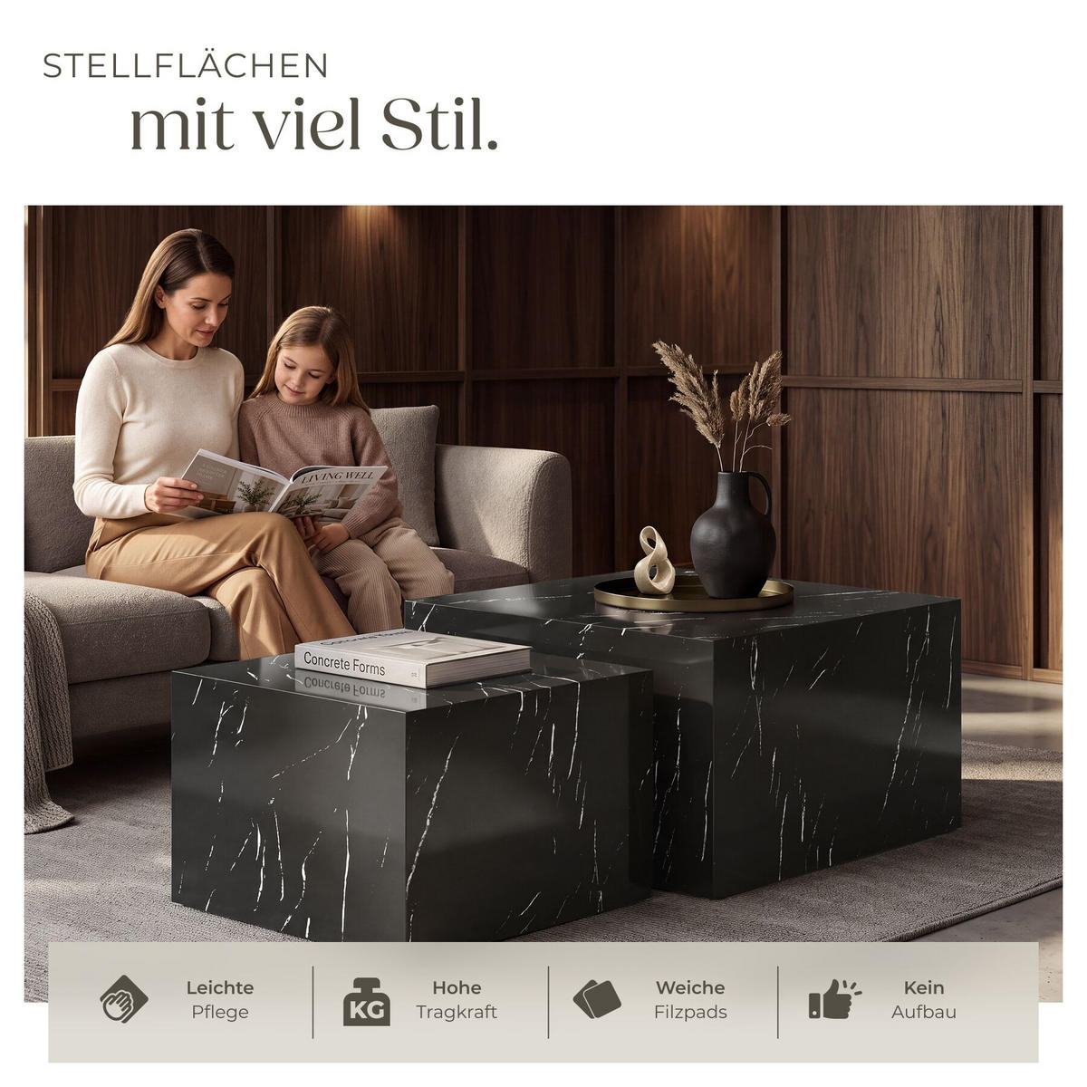 COUCHTISCH 2er Set Lacey, inkl. Filzschoner, Belastbarkeit 45 kg, Marmor Optik schwarz - Schwarz, Holz (60/60/40cm) - tectake