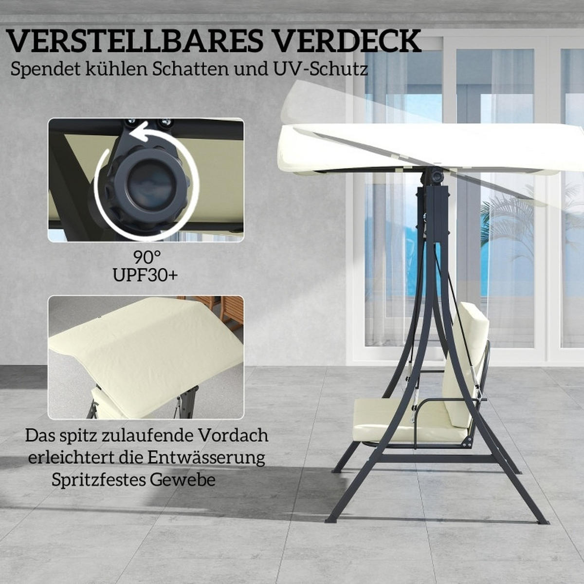 HOLLYWOODSCHAUKEL 150/120/182 cm mit verstellbarem Sonnendach, gepolsterter 2-Sitzer und UV-Schutz, Cremeweiß - Beige, Textil (120/182/150cm) - Redom