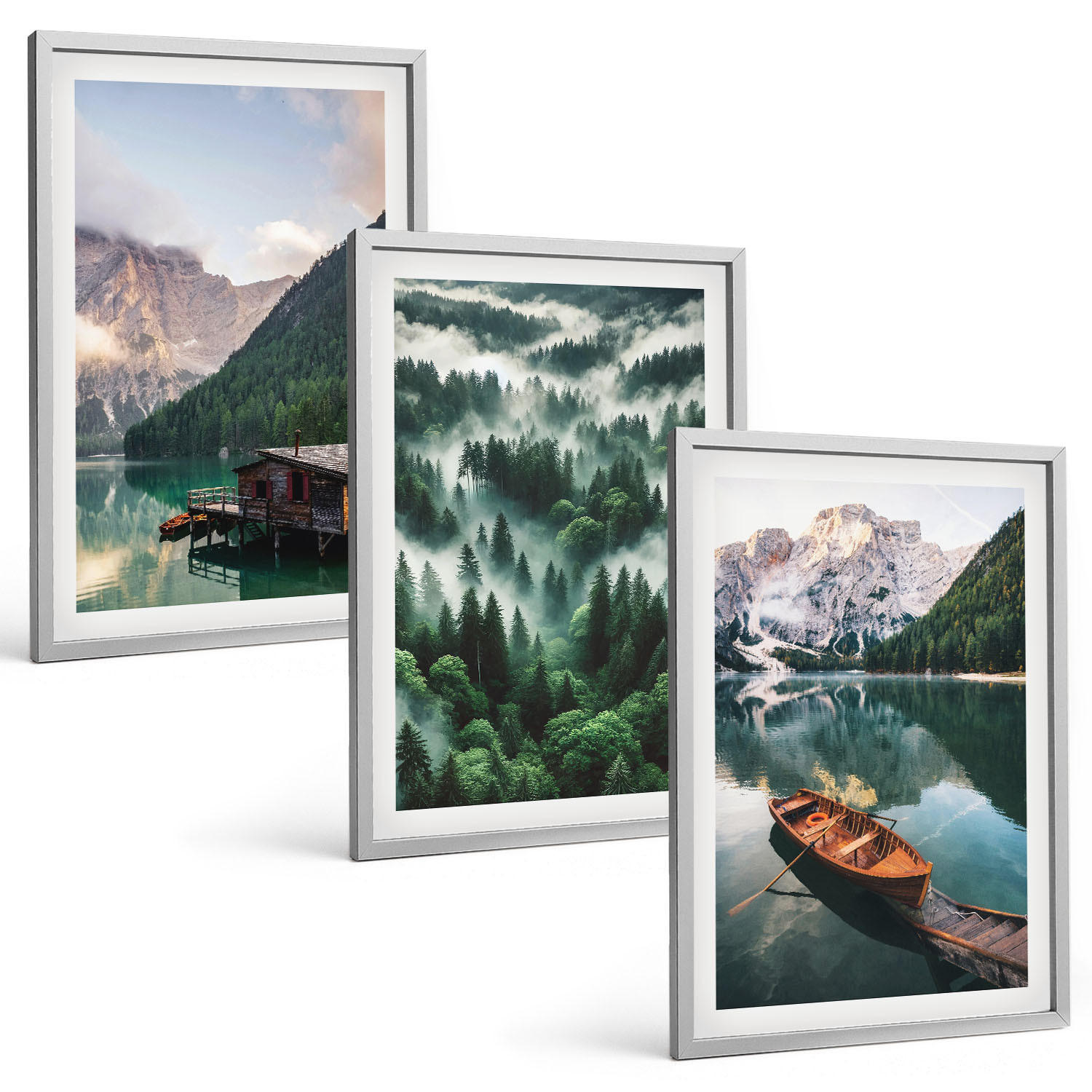 BILDER SET 3er Set - 40x60 cm Silberner Rahmen - Bergsee, Boot, Waldnebel - Silberfarben, Kunststoff (40/60cm) - TULUP