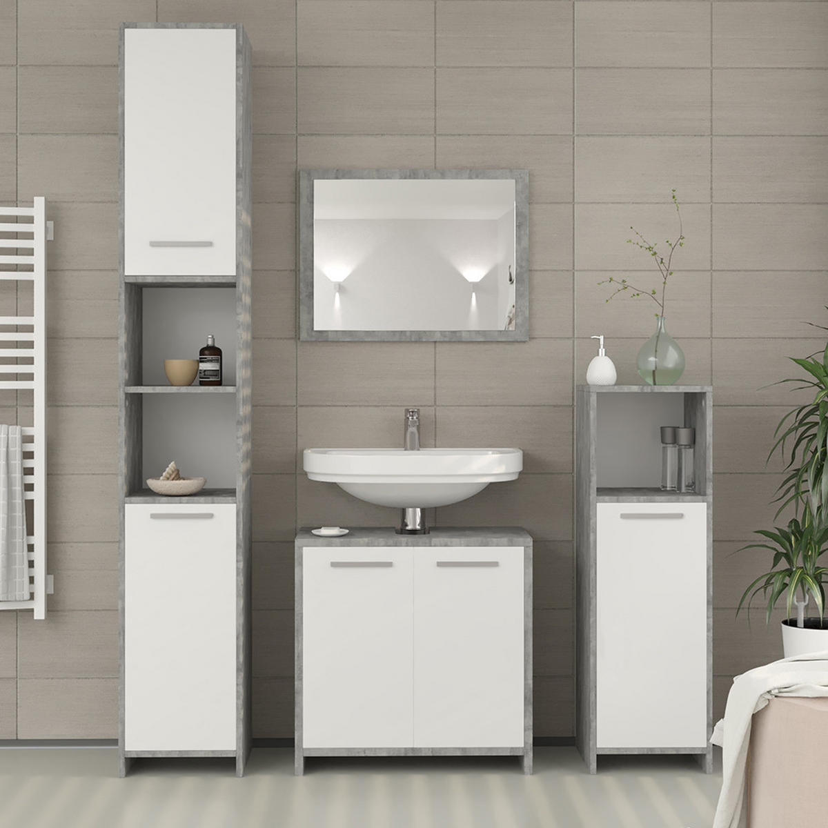 BADMÖBEL-SET Kiko Beton 2 Teile - Schieferfarben/Weiß, Holzwerkstoff (58/60/33cm) - Vicco