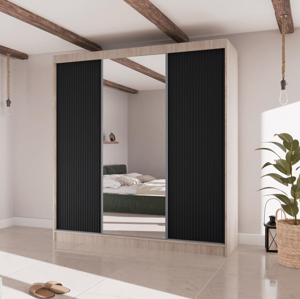 SCHWEBETÜRENSCHRANK Ramos II 200/61/215 eiche sonoma+schwarz - Schwarz/Sonoma Eiche, Holzwerkstoff (200/215/61cm) - Beautysofa