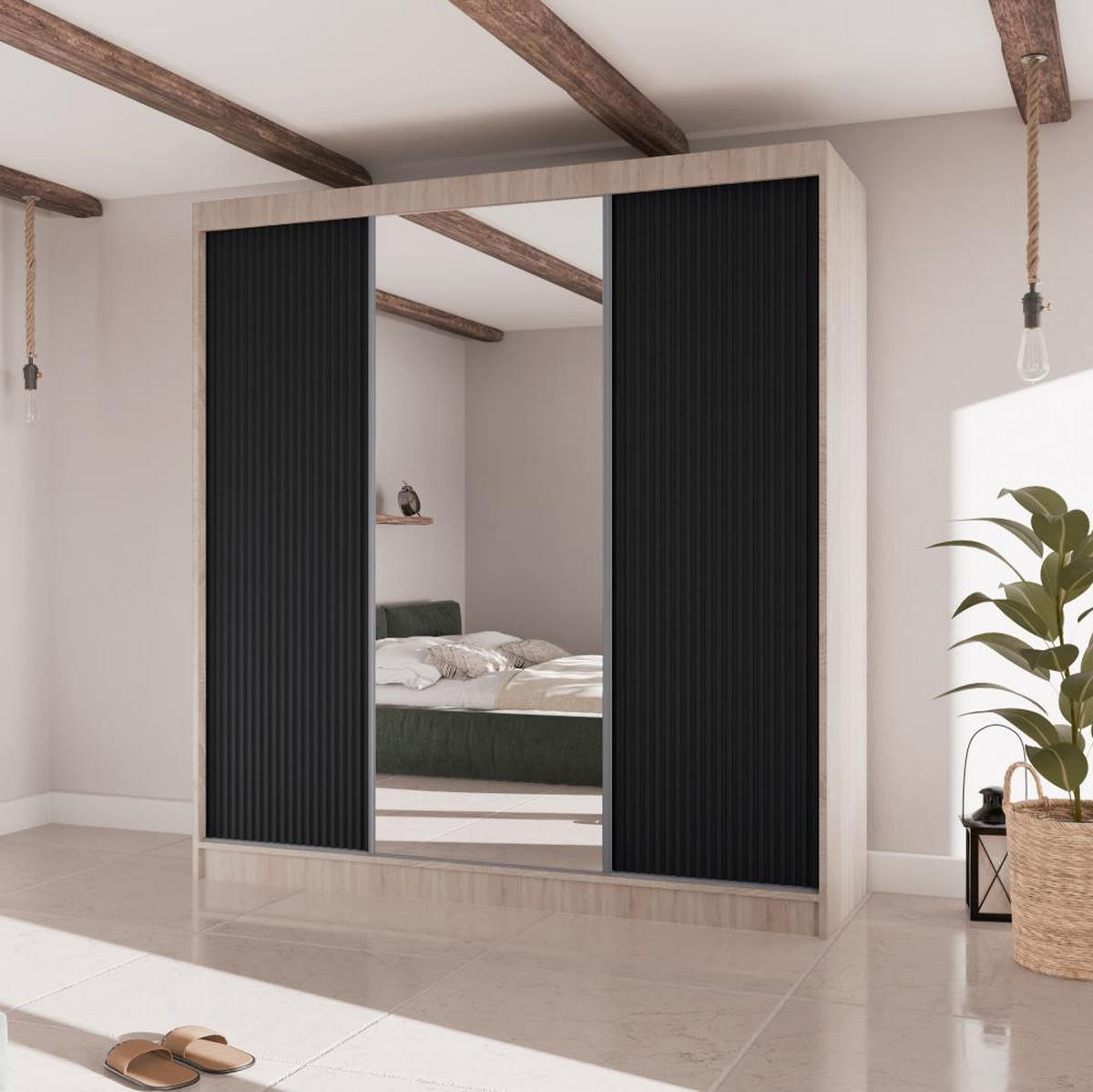SCHWEBETÜRENSCHRANK Ramos II 200/61/215 eiche sonoma+schwarz - Schwarz/Sonoma Eiche, Holzwerkstoff (200/215/61cm) - Beautysofa