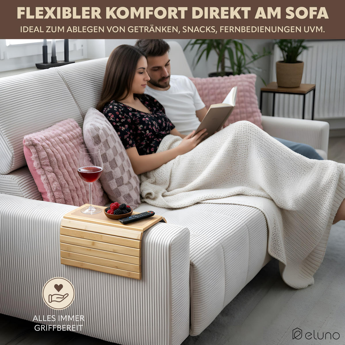 ARMLEHNEN-SOFATABLETT mit rutschfester Korkablage, Bambus - Braun, Naturmaterialien (47/1/34cm) - eluno