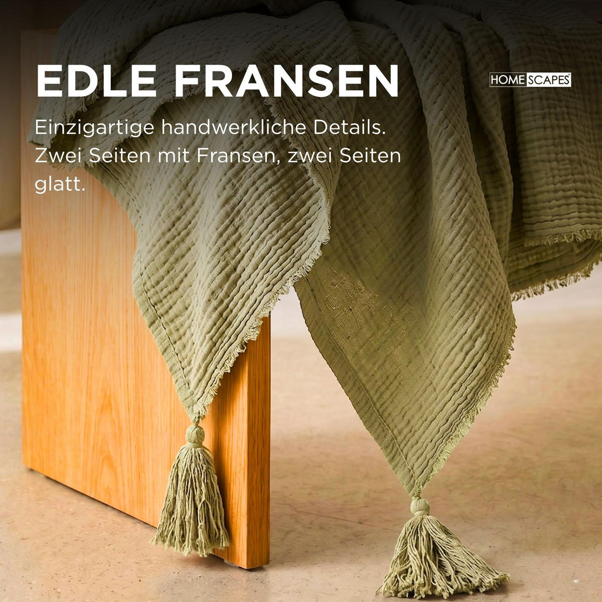 WOHNDECKE Musselin salbei mit Quasten - Salbeigrün, Textil (127/180cm) - Homescapes