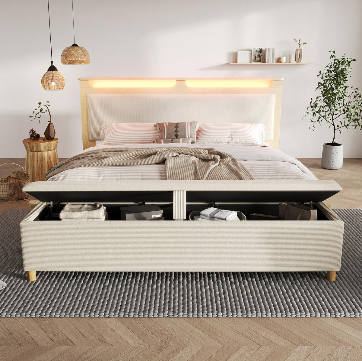 POLNJENA postelja iz lesa in corda 140x200 cm bež z LED osvetlitvijo, shranjevalno klopjo in vzmetnico - bež, tekstil (140/200cm) - Modfu